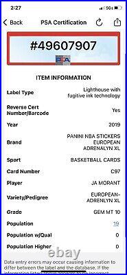 2019 Panini Adrenlyn XL C97 Ja Morant RC European PSA 10 Gem Mint Pop 19