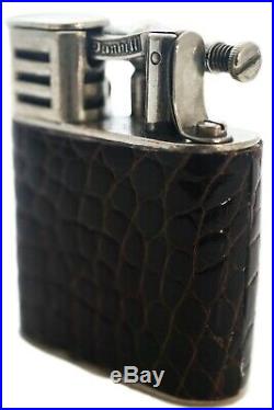Antique Vintage Silver Dunhill Sports Brown Alligator Leather Cigarette Lighter