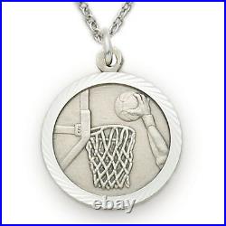 Sterling Silver Basketball Sports Medal with Christ Cross Back, 3/4 Inch
