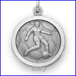 Sterling Silver Girls Soccer Sports Medal with Saint Christopher Back, 3/4 Inch
