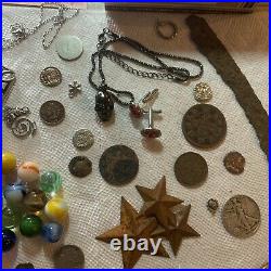 Vintage Junk Drawer Lot Military Sterling Silver Stamps Coins Money Sports Cards